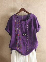 Floral Embroidery Round Neck Short Sleeves T-shirt