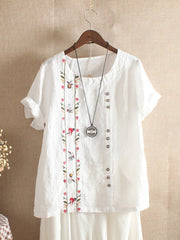 Floral Embroidery Round Neck Short Sleeves T-shirt
