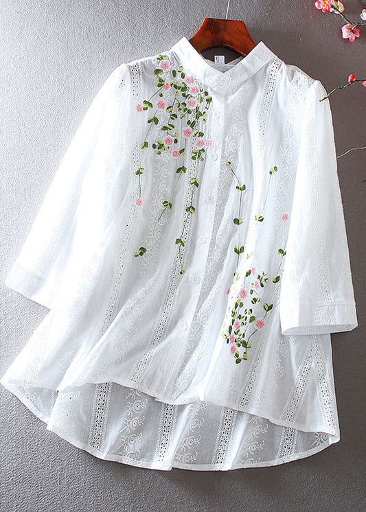 White Oversized Cotton Blouses Embroidered Spring