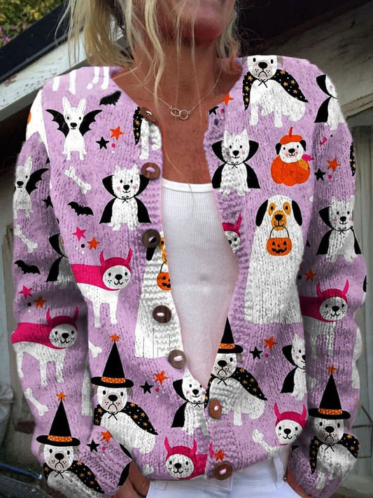 Dog  Art Print Buttoned Cardigan Sweater