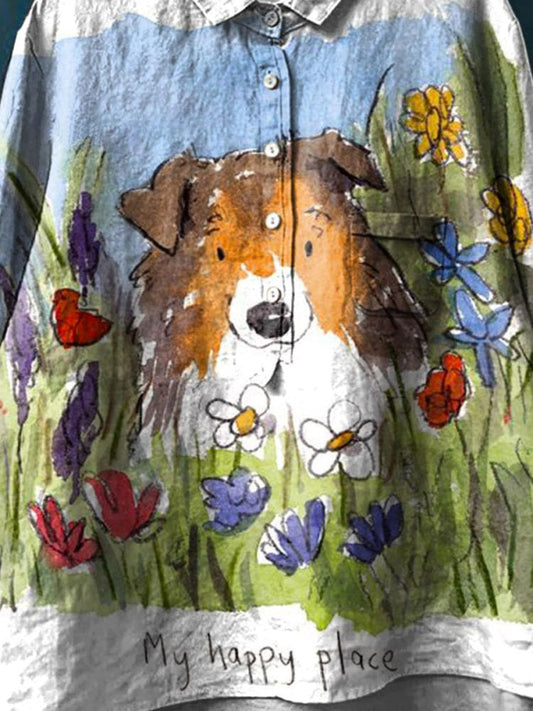 Vintage Lovely Dog Floral Art Print Casual Cotton And Linen Shirt