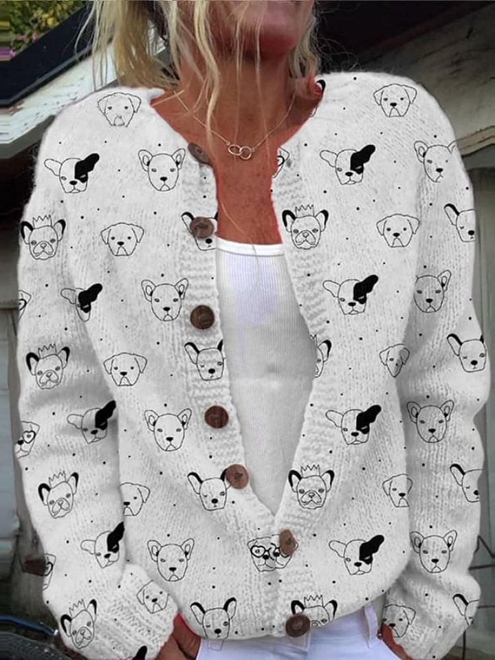Women'S Dog Print Casual Knit Cardigan