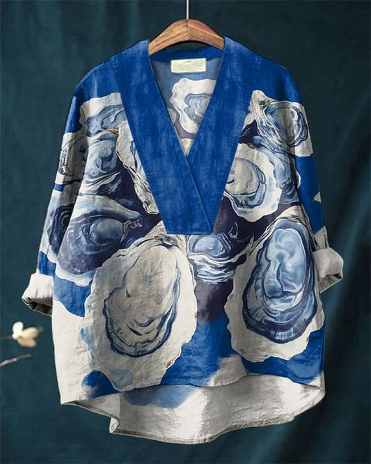 Vintage Blue Oyster Print Loose V-Neck Cotton and Linen Shirt