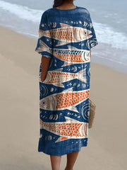 Women's Vintage Lovely Fish Art Print Flowy Dress