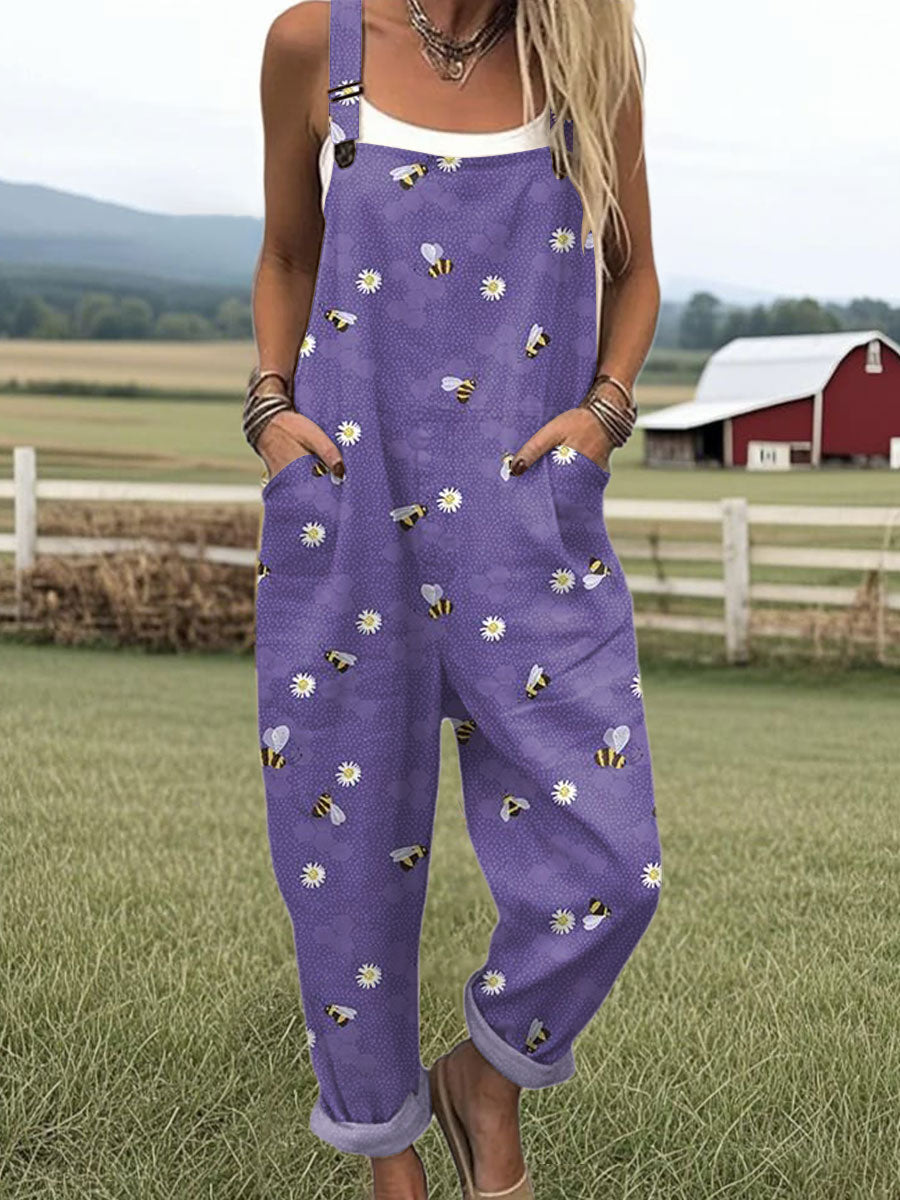 Women's  Bee Art Print Casual Cotton Wide Leg Jumpsuit