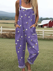 Women's  Bee Art Print Casual Cotton Wide Leg Jumpsuit