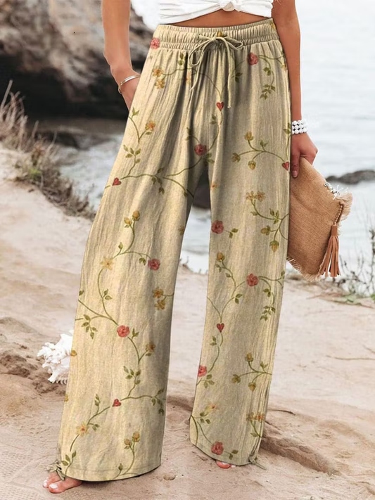 Women's  Vintage Flowers Art  Printed Cotton And Linen Casual Pants