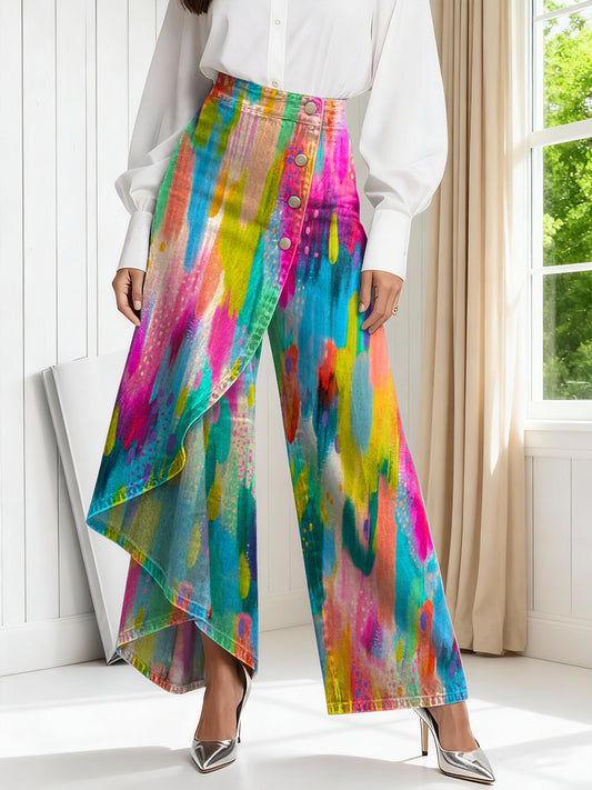 Women's Vintage Gradient Colors Patterns Print High-waisted Relaxed Fit Wide-leg Jeans With A Stylish Design