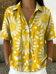 Women's Vintage Botanical Floral Casual Polo Collar Short-sleeved Linen And Cotton Shirt
