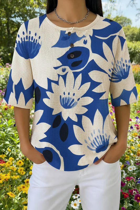 Womens Blue Tropical Floral Print Casual Waffle Cotton Shirt