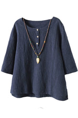 Solid Color Buttons Round Neck 3/4 Sleeves Shirts