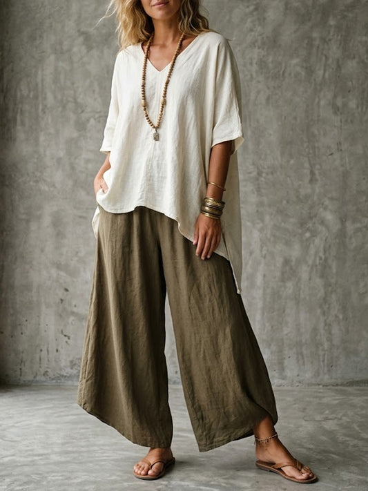 Women's Simple Loose Color-block Simple Cotton-linen Set