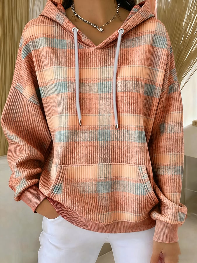 Women's casual retro autumn plaid textured hoodie