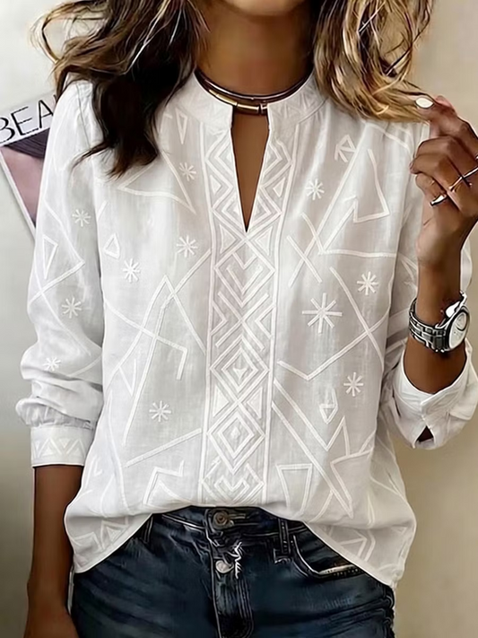 Women Abstract Graphic Casual Blouse V Neck Long Sleeve Printing Top