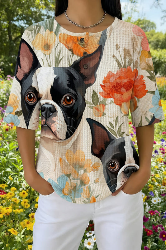 Womens Beige French Bulldog Floral Print Casual Waffle Cotton Shirt