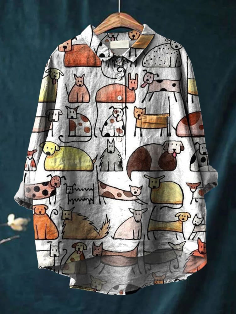 Women's Cute Dog Art Print Casual Cotton And Linen Shirt