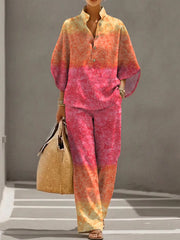 Women's Retro Gradient Floral Art Print Casual 3/4 Sleeve Top And Pants Cotton Linen Suits