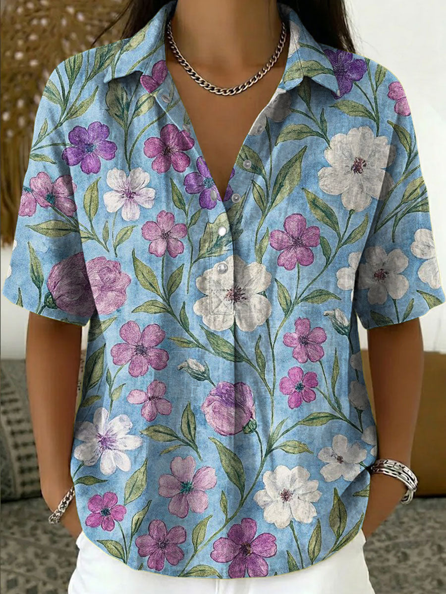 Women's Vintage Botanical Floral Casual Polo Collar Short-sleeved Linen And Cotton Shirt