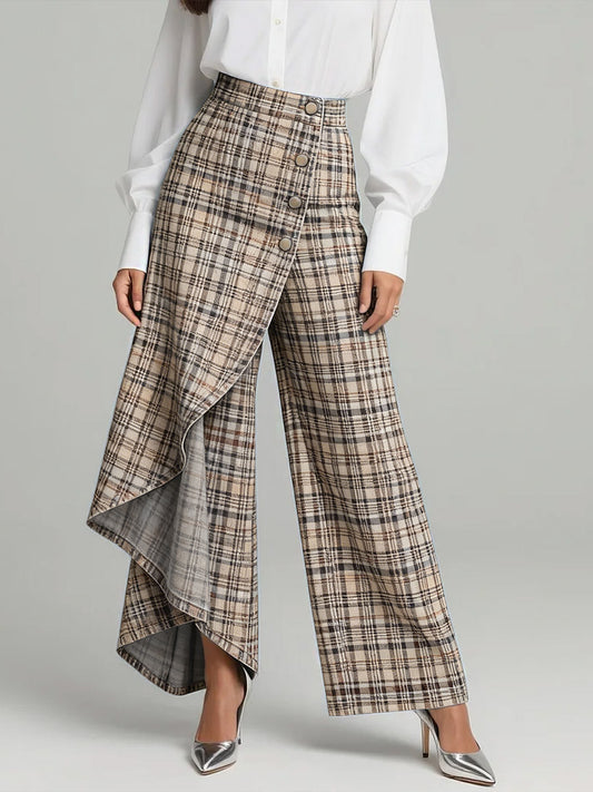 Women's Vintage Plaid Patterns Print High-waisted Relaxed Fit Wide-leg Jeans With A Stylish Design