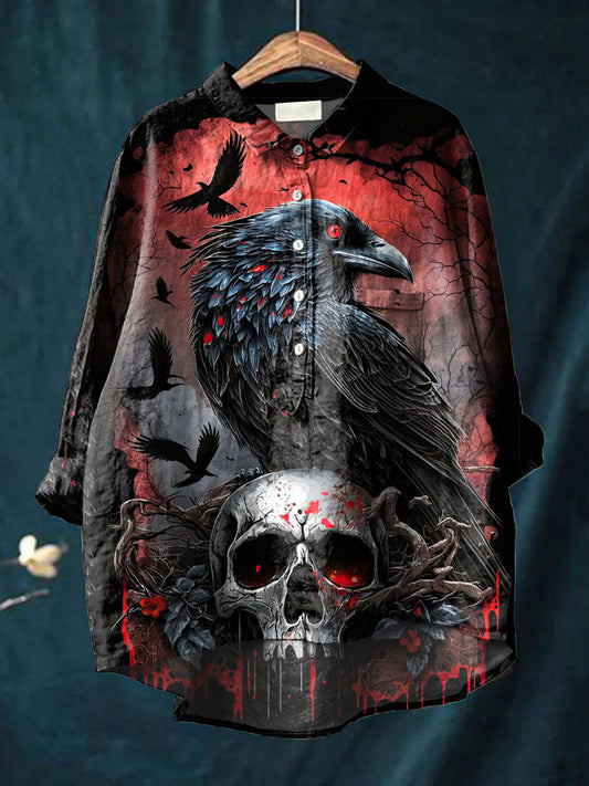 Women's Halloween Print Casual Cotton And Linen Shirt