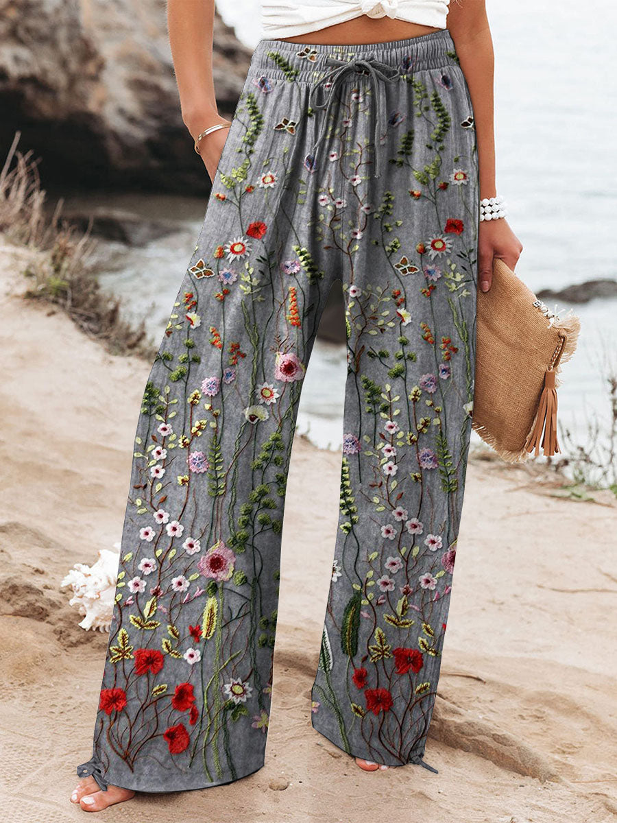Women's Vintage Lovely Floral Art Printed Cotton And Linen Casual Pants