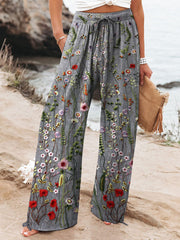 Women's Vintage Lovely Floral Art Printed Cotton And Linen Casual Pants