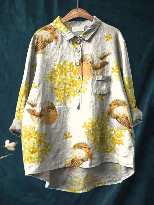 Women's Osmanthus Bird Print Casual Cotton And Linen Shirt