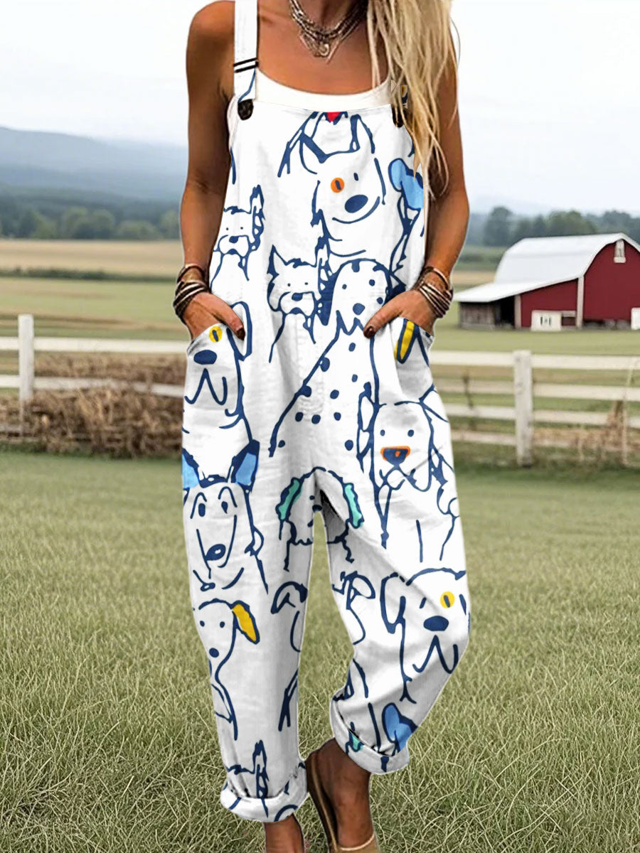 Women's Vintage Dog Art Print Casual Cotton Wide Leg Jumpsuit