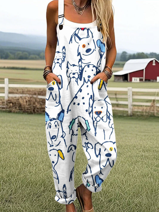 Women's Vintage Dog Art Print Casual Cotton Wide Leg Jumpsuit