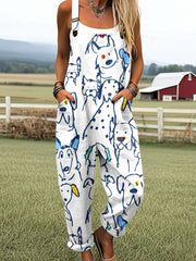 Women's Vintage Dog Art Print Casual Cotton Wide Leg Jumpsuit