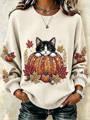 Casual Cat Crew Neck Long Sleeve Sweatshirt