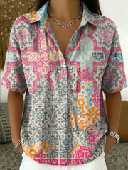 Women's Vintage Botanical Floral Casual Polo Collar Short-sleeved Linen And Cotton Shirt