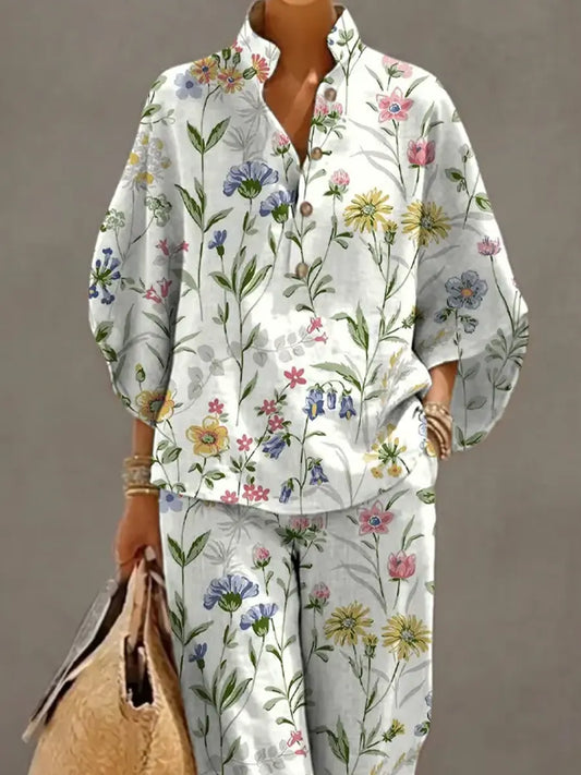 Women's Retro Floral Art Print Casual 3/4 Sleeve Top And Pants Cotton Linen Suits