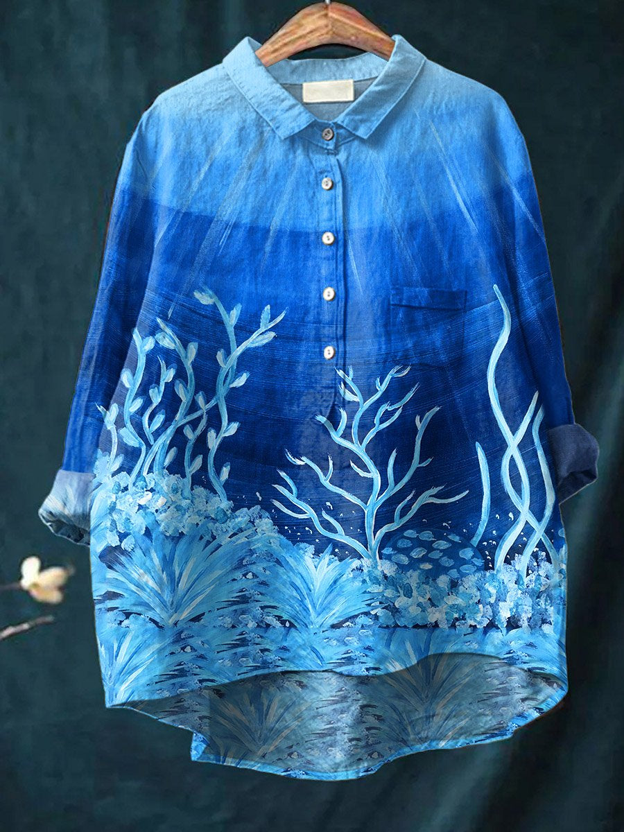 Undersea Coral Art Pattern Print Casual Cotton And Linen Shirt