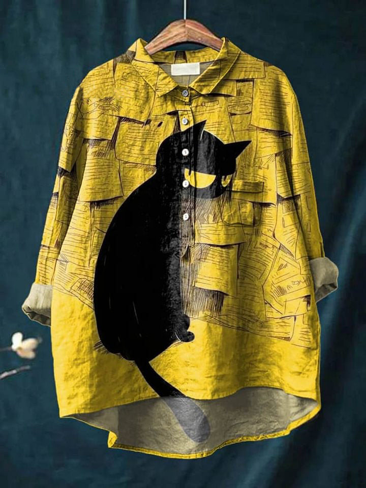 Vintage Funny Cat Art Print Casual Cotton And Linen Shirt