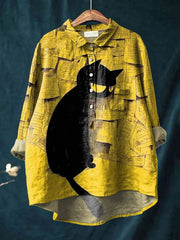 Vintage Funny Cat Art Print Casual Cotton And Linen Shirt