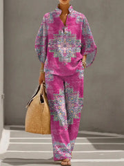 Women's Retro Floral Art Print Casual 3/4 Sleeve Top And Pants Cotton Linen Suits