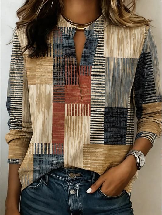 Women Abstract Graphic Casual Blouse V Neck Long Sleeve Printing Top