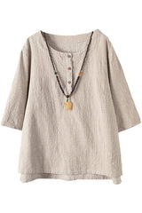 Solid Color Buttons Round Neck 3/4 Sleeves Shirts