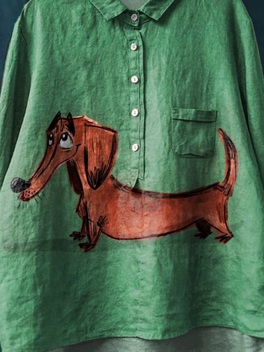 Vintage Lovely Dachshund Art Print Casual Cotton And Linen Shirt