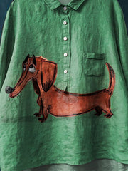 Vintage Lovely Dachshund Art Print Casual Cotton And Linen Shirt
