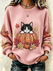 Casual Cat Crew Neck Long Sleeve Sweatshirt