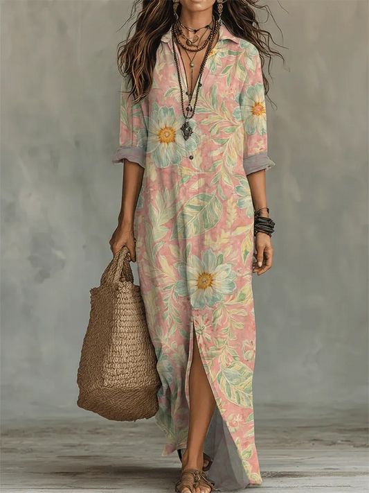 Women's Floral Art Print Casual Long Sleeve Cotton Dress
