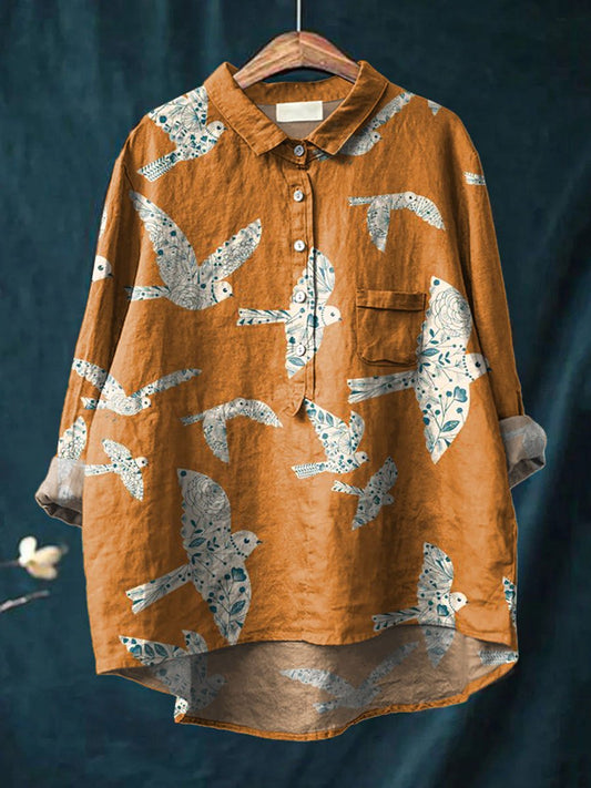 Vintage Lovely Birds Art Print Casual Cotton And Linen Shirt