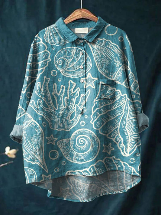 Vintage Lovely Ocean Life Art Print Casual Cotton And Linen Shirt