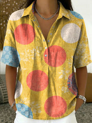 Women's Vintage Botanical Floral Casual Polo Collar Short-sleeved Linen And Cotton Shirt
