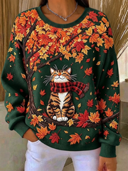 Casual Cat Crew Neck Long Sleeve Sweatshirt