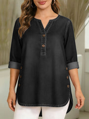 Women's V-neck Long-sleeved Casual Button-up Loose Denim Top