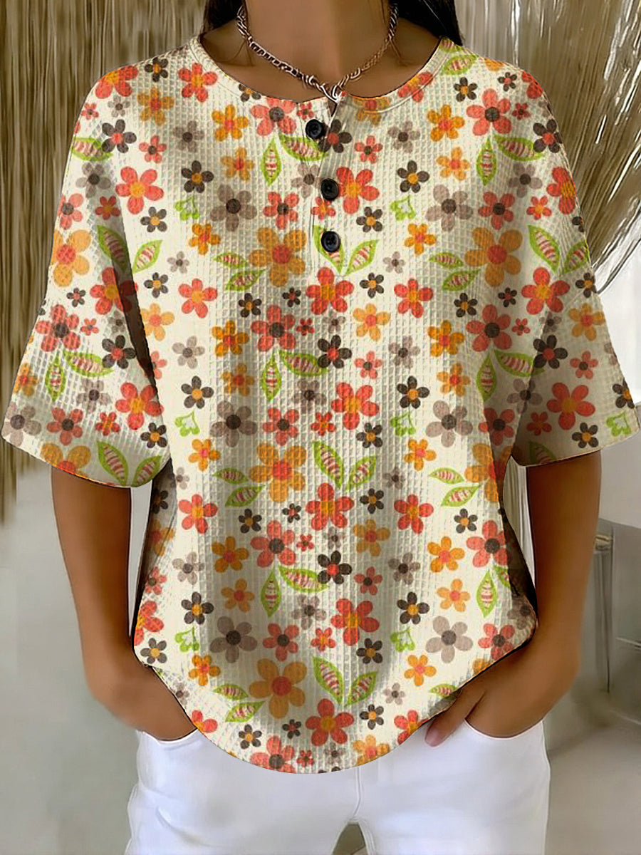 Women's Vintage Flower Pattern Printed Casual Cotton Waffle Knit Sweatshirt
