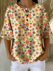 Women's Vintage Flower Pattern Printed Casual Cotton Waffle Knit Sweatshirt
